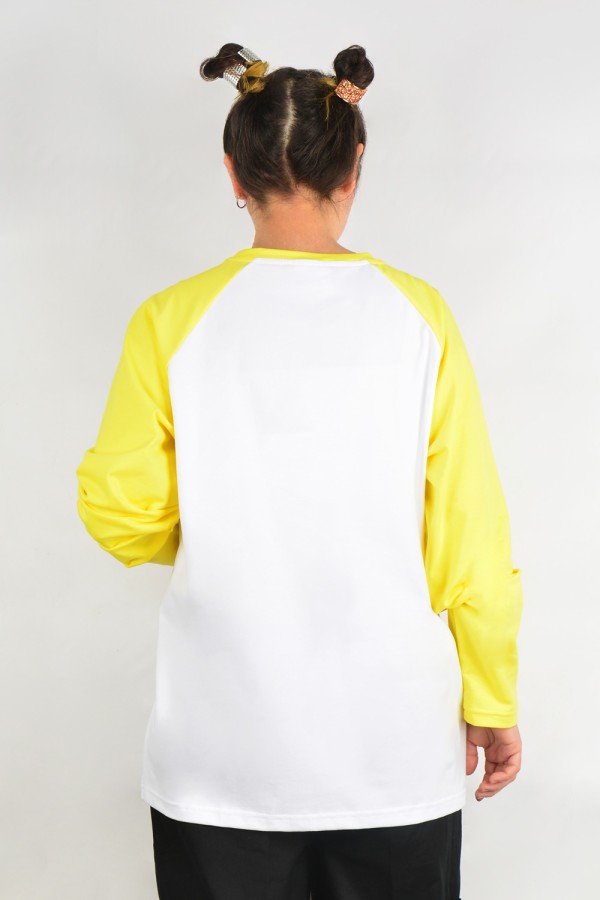 Женский лонгслив белый с желтым контрастный трикотажный: белая основа желтый рукав   Магазин Толстовок Контрастный лонгслив женский