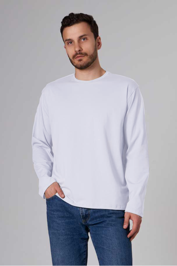  Longsleeve white t-shirt man XS-44-Unisex-(Мужской)    Мужской лонгслив классический трикотажный белый 