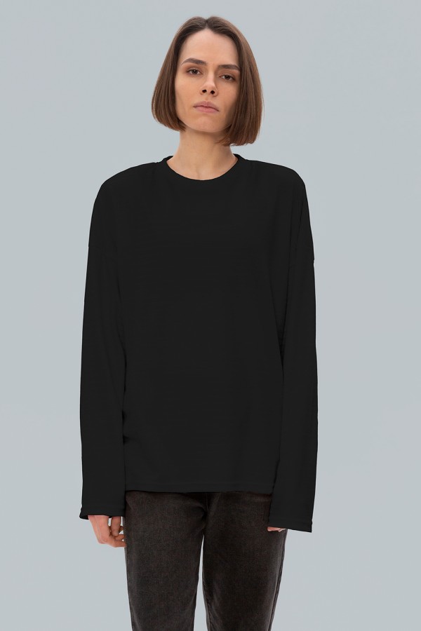  Black Longsleeve Woman oversize S-46-Unisex-(Женский)    Лонгслив черный трикотажный женский оверсайз 