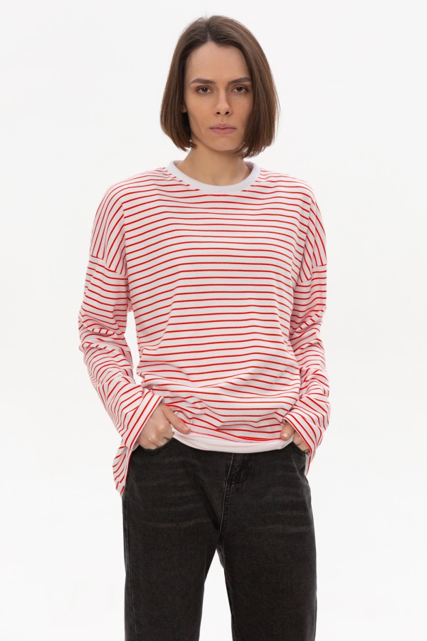  Striped Longsleeve Woman oversize jersey L-50-Unisex-(Женский)    Лонгслив в полоску белый с красным трикотажный женский оверсайз 