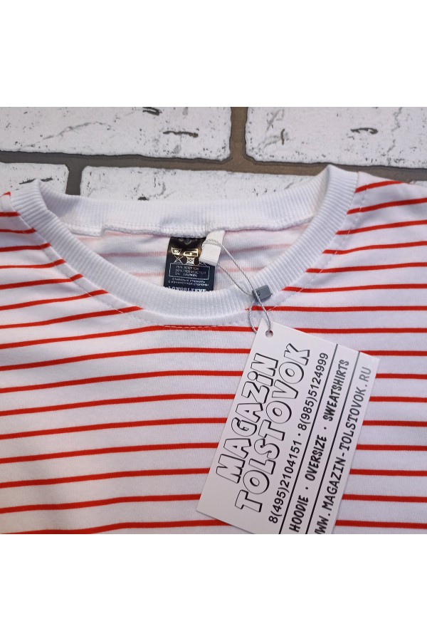 Лонгслив в полоску белый с красным трикотажный женский оверсайз   Магазин Толстовок Лонгсливы OVERSIZE