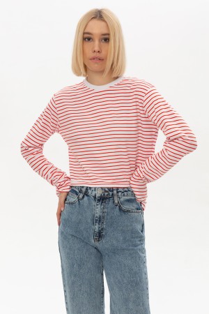 Лонгслив в полоску белый трикотажный женский укороченный