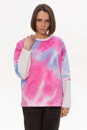 Лонгслив с двойным рукавом женский Tie Dye розовый оверсайз