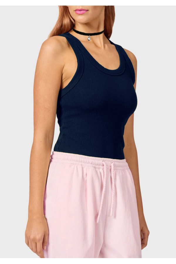  Dark blue women's ribbed tank top 2XL-48-50-Woman-(Женский)    Темно-синяя женская майка борцовка в рубчик на широких бретелях 