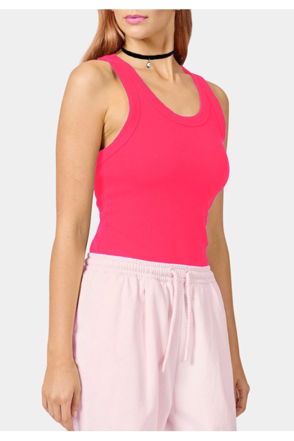  Neon pink women's ribbed tank top 2XL-48-50-Woman-(Женский)    Неоновая розовая женская майка борцовка в рубчик на широких бретелях 