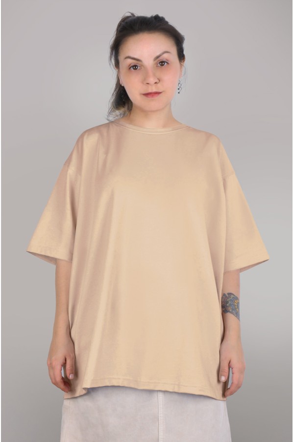 tshirt oversize beige woman supreme XS-44-Unisex-(Женский)    Футболка оверсайз бежевая (кремовая) женская из кулирки supreme 