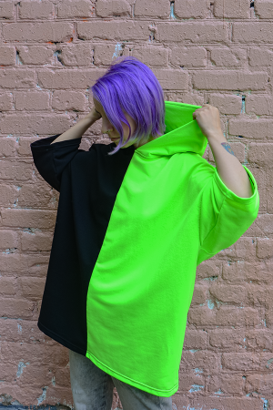 RoXy - Футболка оверсайз неоновая с капюшоном лайм и черный Black and Lime Half Half