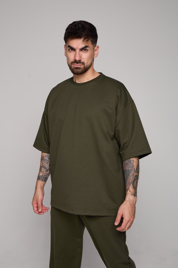 Футболка оверсайз светлый хаки мужская из футера T-SHIRT light khaki ovrsize man XS-44-Unisex-(Мужской) Футболка оверсайз светлый хаки мужская из футера