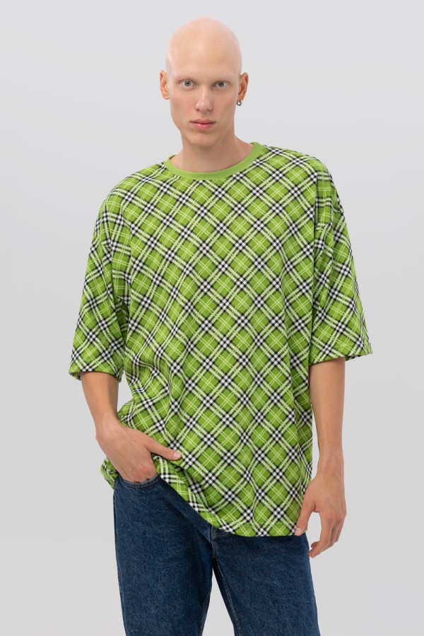  Oversize T-shirt "Light Green Tartan" M-48-Unisex-(Мужской)    Футболка оверсайз Зеленый Тартан 