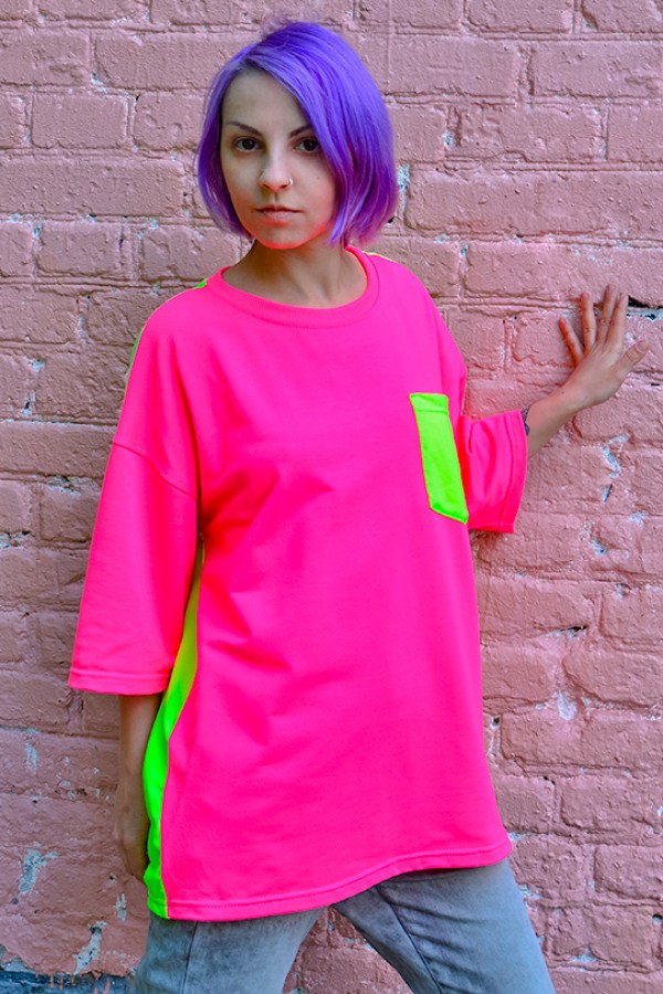  Oversize tshirt neon Pink Lime pocket XS-44-Unisex-(Женский)    Футболка оверсайз неоновая с карманом розовый и лайм 