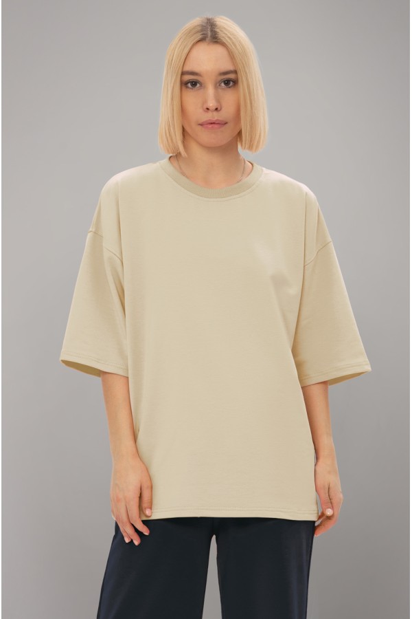 Футболка оверсайз экрю (молочная) из футера женская tshirt oversize ecru woman XS-44-Unisex-(Женский) Футболка оверсайз экрю (молочная) из футера женская