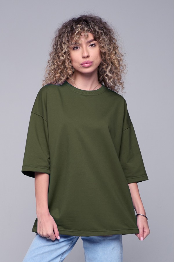  Oversize t-shirt light khaki woman M-48-Unisex-(Женский)    Футболка оверсайз светлый хаки женская из футера 
