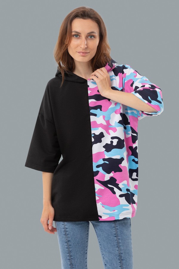  Oversize tshirt military Blue-Pink and Black XL-52-Unisex-(Женский)    Футболка оверсайз с капюшоном розовый и черный камуфляж Military Half-Half 