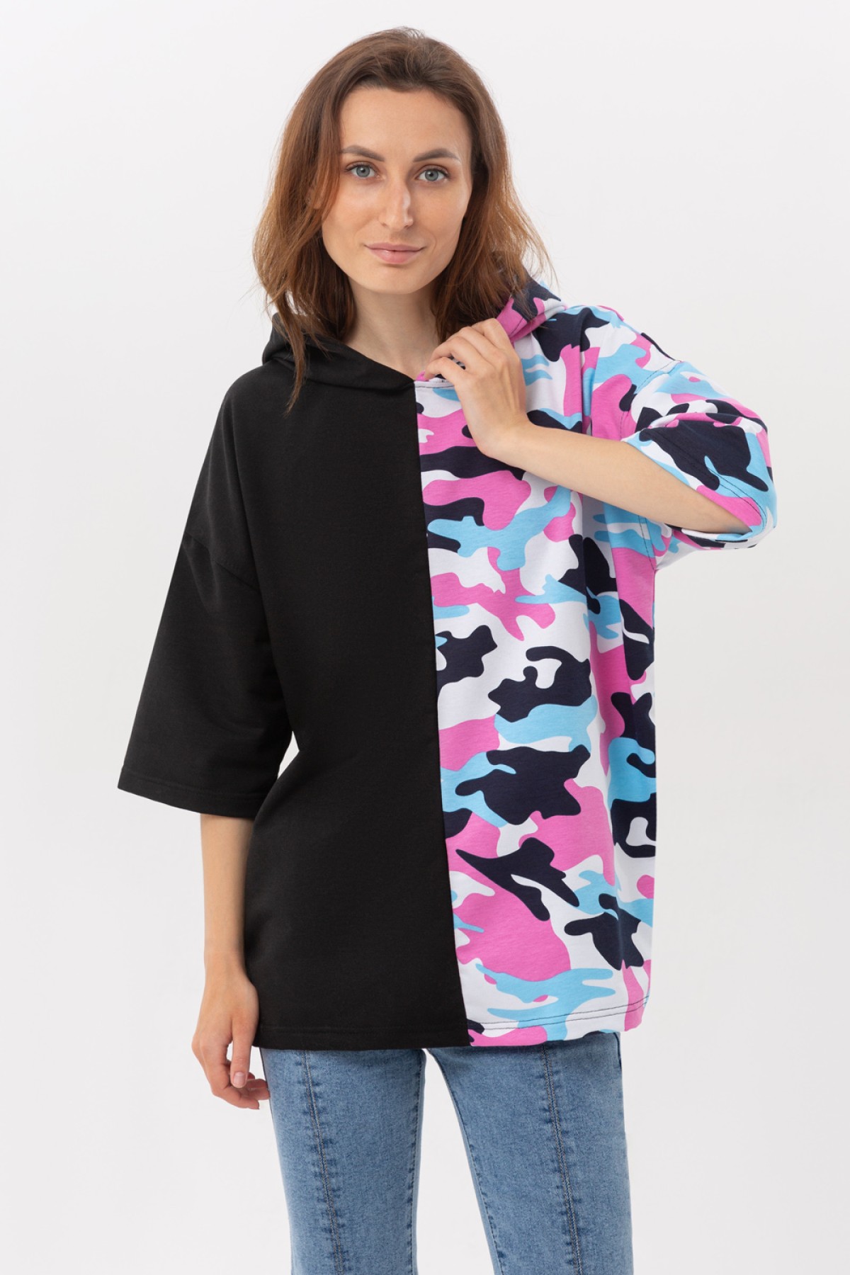 RoXy - Футболка оверсайз с капюшоном розовый и черный камуфляж Military Half-Half — фото 13