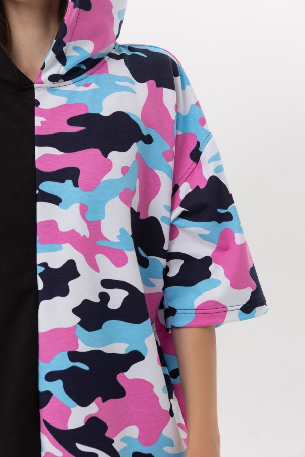 Футболка оверсайз с капюшоном розовый и черный камуфляж Military Half-Half   Магазин Толстовок Hooded T-shirt Oversize «RoXy»