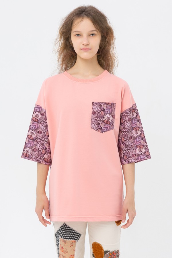  Oversize t-shirt Peachy & Print Fabric XL-52-Unisex-(Женский)    Футболка оверсайз персиковая с карманом и цветочным принтом на спине 