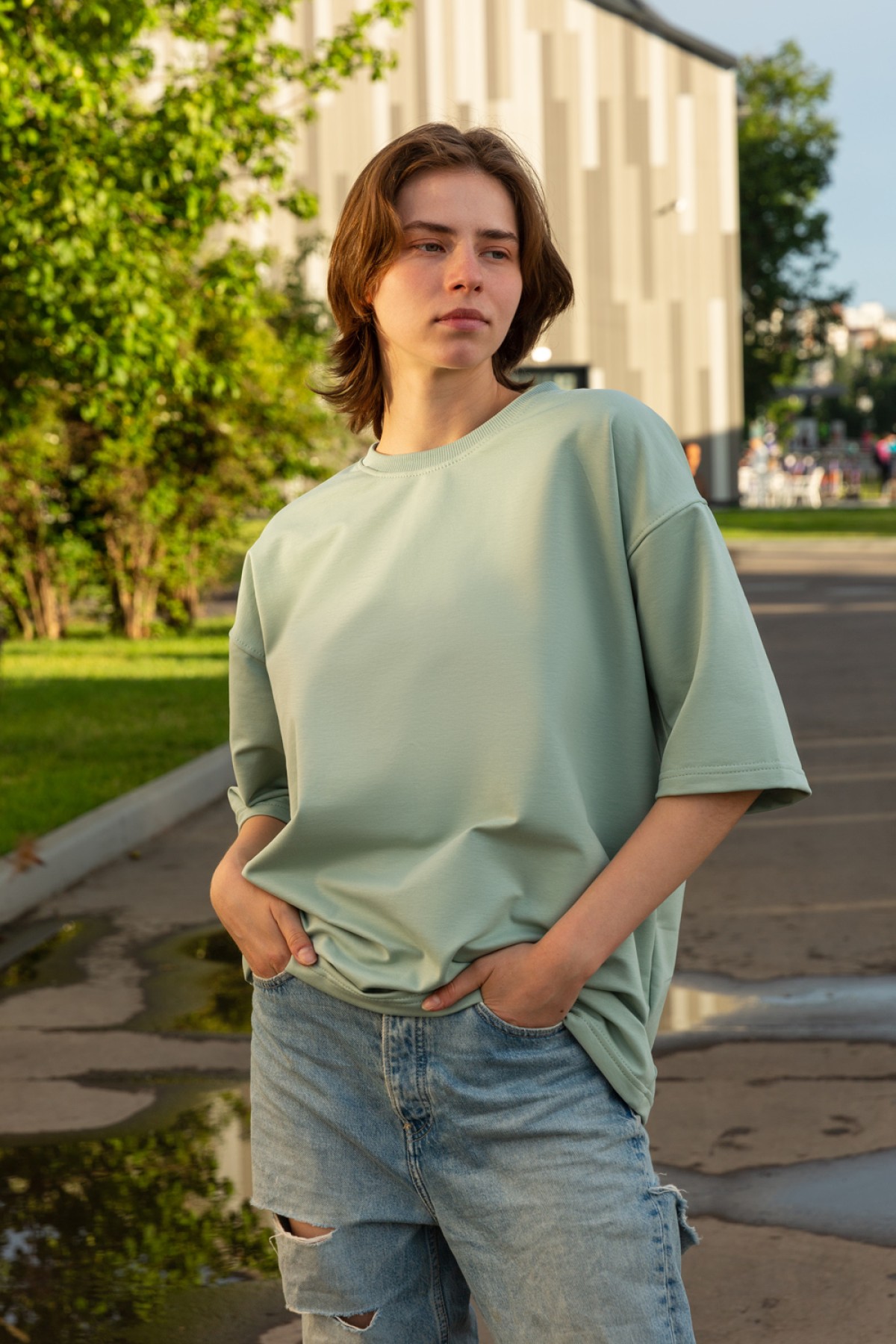 Футболка оверсайз цвет шалфей женская из футера — фото 9