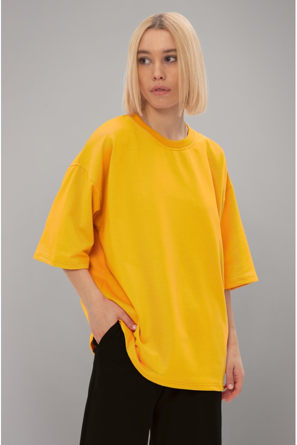  tshirt oversize yellow woman XS-44-Unisex-(Женский)    Футболка оверсайз желтая из футера женская (унисекс) 