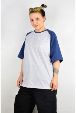 Футболка реглан женская контрастная серая c рукавом синий индиго