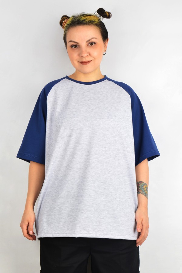 T-shirt reglan grey melange indigo sleeve woman 2XL-48-50-Woman-(Женский)    Футболка реглан женская контрастная серая c рукавом синий индиго 