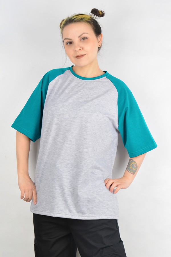  T-shirt reglan grey melange mint sleeve woman 2XL-48-50-Woman-(Женский)    Футболка реглан женская контрастная серая c мятным рукавом 