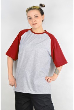 Футболка реглан женская контрастная серая c красным рукавом