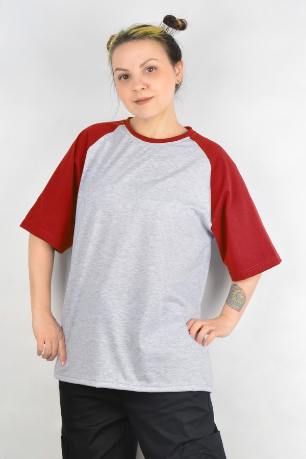  T-shirt reglan grey melange red sleeve woman 2XL-48-50-Woman-(Женский)    Футболка реглан женская контрастная серая c красным рукавом 