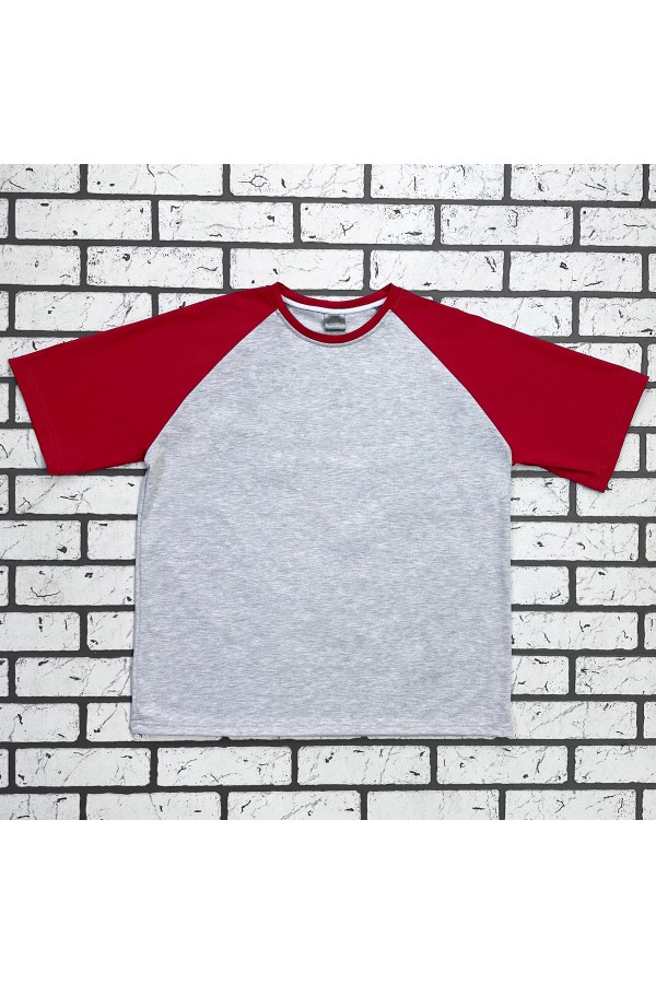  T-shirt reglan grey melange red sleeve man 5XL-60-Unisex-(Мужской)    Футболка реглан мужская контрастная серая c красным рукавом 