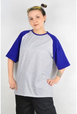 Футболка реглан женская контрастная серая c васильковым рукавом