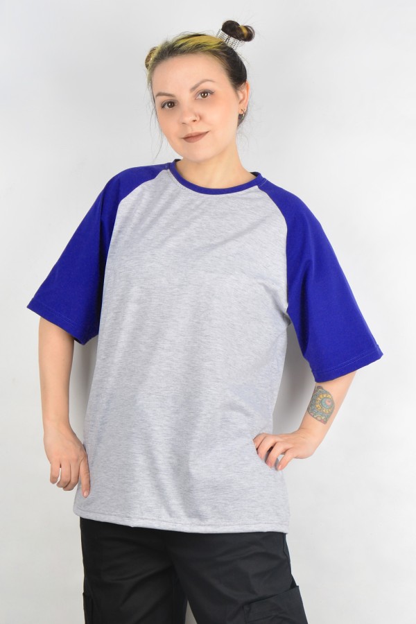  T-shirt reglan grey melange royal blue sleeve woman 2XL-48-50-Woman-(Женский)    Футболка реглан женская контрастная серая c васильковым рукавом 