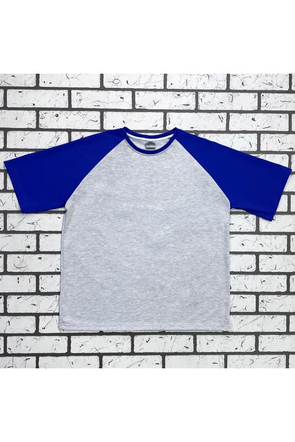  T-shirt reglan grey melange royal blue sleeve man 4XL-58-Unisex-(Мужской)    Футболка реглан мужская контрастная серая c ярко-синим рукавом 