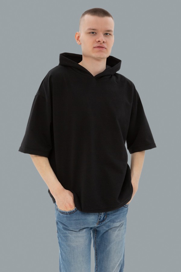  Hooded t-shirt oversize "RoXy" black M-48-Unisex-(Мужской)    Черная футболка оверсайз с капюшоном унисекс 