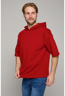 Красная футболка оверсайз с капюшоном мужская (унисекс)