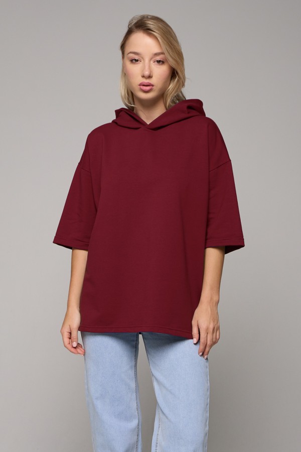  T-shirt oversize RoXy bordo color XS-44-Unisex-(Женский)    RoXy - худи с коротким рукавом оверсайз с капюшоном бордовая 