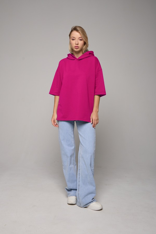 футболка фуксия ярко розовая однотонная женская с капюшоном из футера футболка фуксия ярко розовая малиновая однотонная женская с капюшоном из футера купить в Москве, мерч