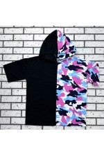 RoXy - Футболка оверсайз с капюшоном розовый и черный камуфляж Military Half-Half   Магазин Толстовок Hooded T-shirt Oversize «RoXy»