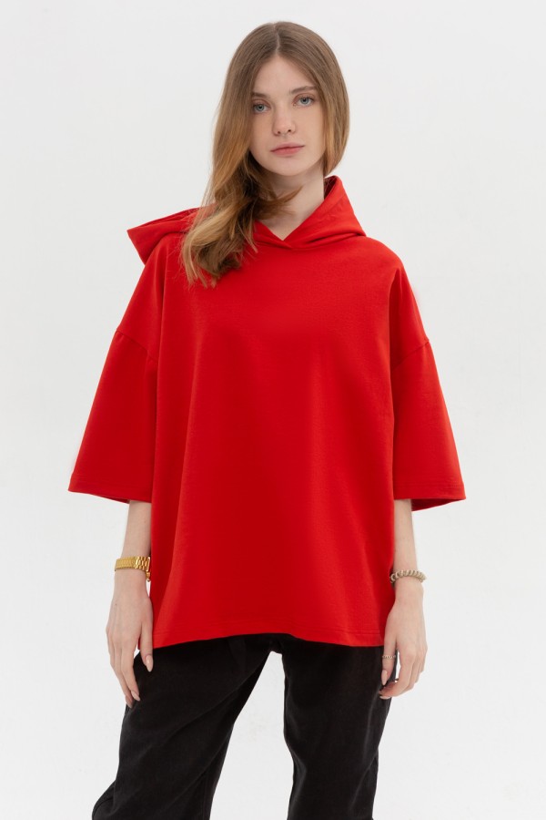 Футболка оверсайз с капюшоном красная унисекс   Магазин Толстовок Hooded T-shirt Oversize «RoXy»