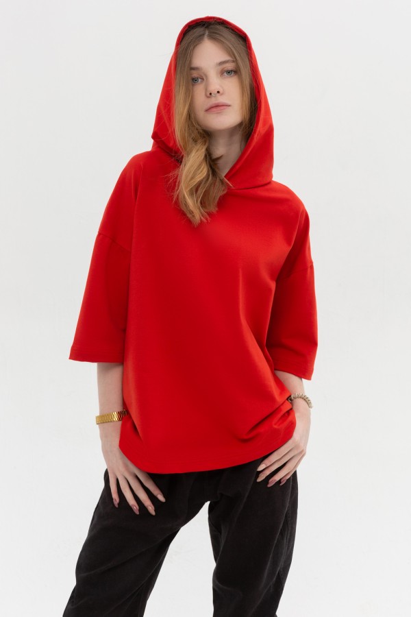  Hooded T-shirt oversize "RoXy" Red-Brick XS-44-Unisex-(Мужской)    Футболка оверсайз с капюшоном красная унисекс 