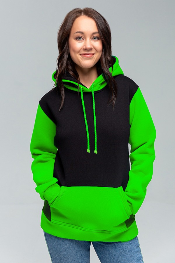  Neon-Green black Hoodie Teenager 3XL-50-52-Woman-(Женский)    Black-neon Green Hoodie Женская толстовка худи классическая черная с неоновым зеленым 320гр/м.кв  