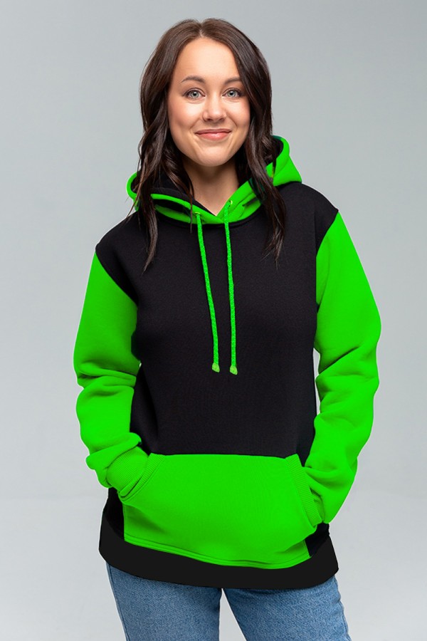  Neon-Green black Hoodie Teenager 2XL-48-50-Woman-(Женский)    Black-neon Green Hoodie Женская толстовка худи классическая черная с неоновым зеленым 320гр/м.кв  