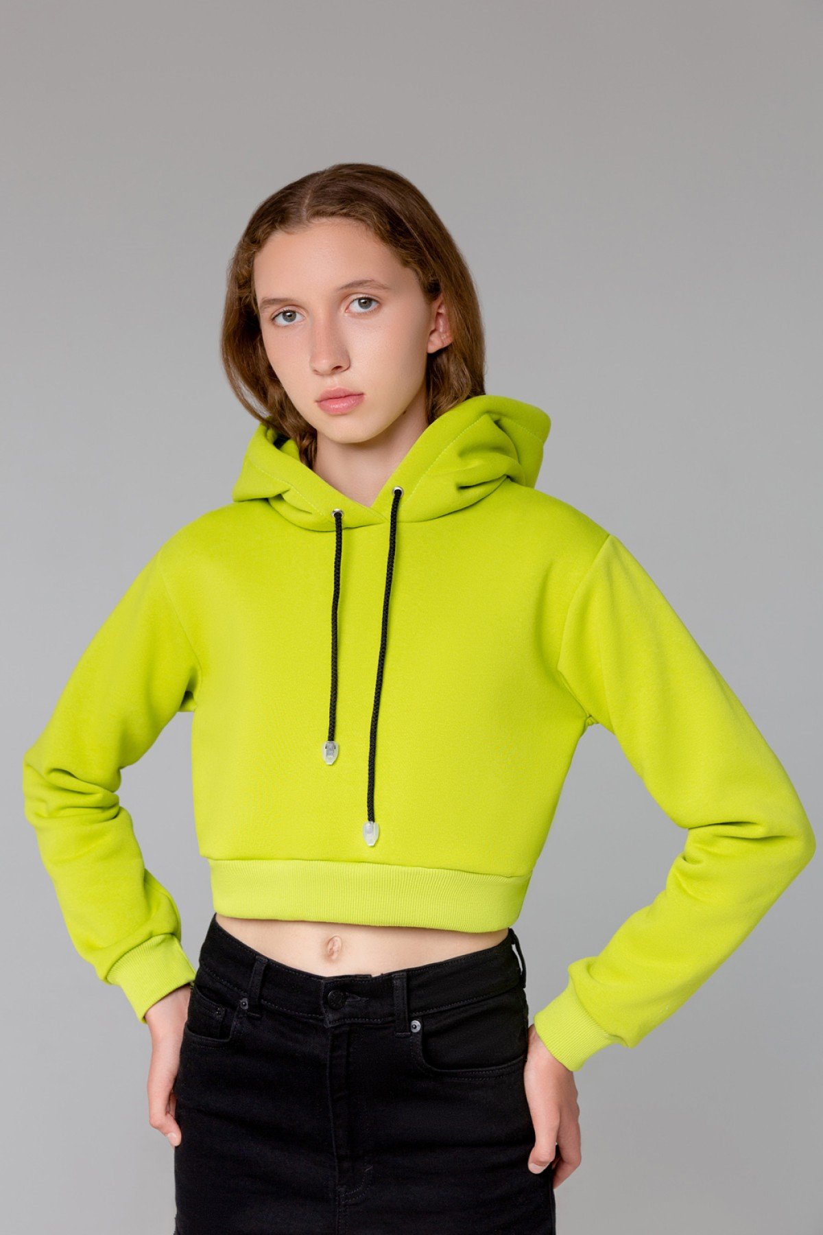 Женская салатовая укороченная кроп толстовка Crop-Top-Hoodie Lime — фото 2