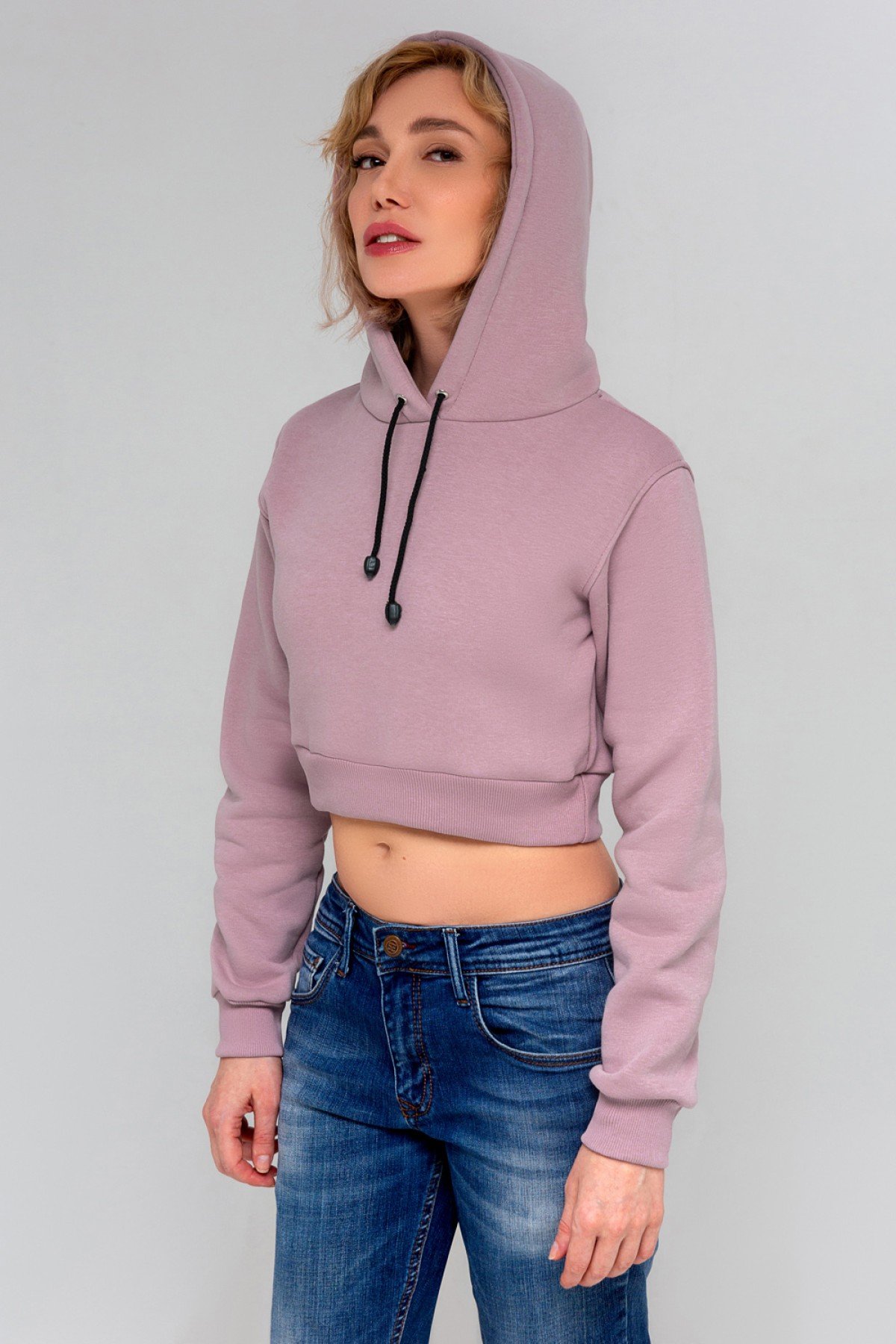 Женская пудровая укороченная кроп толстовка Crop-Top-Hoodie Powder — фото 4