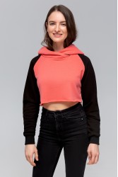 Женская коралловая укороченная кроп толстовка с черным рукавом Crop-Top-Hoodie