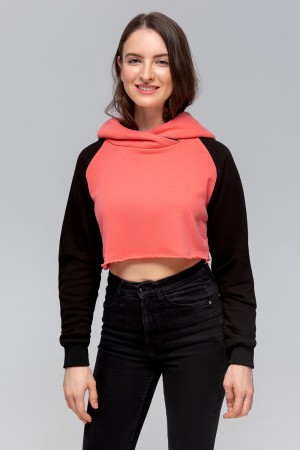 Женская коралловая укороченная кроп толстовка с черным рукавом Crop-Top-Hoodie