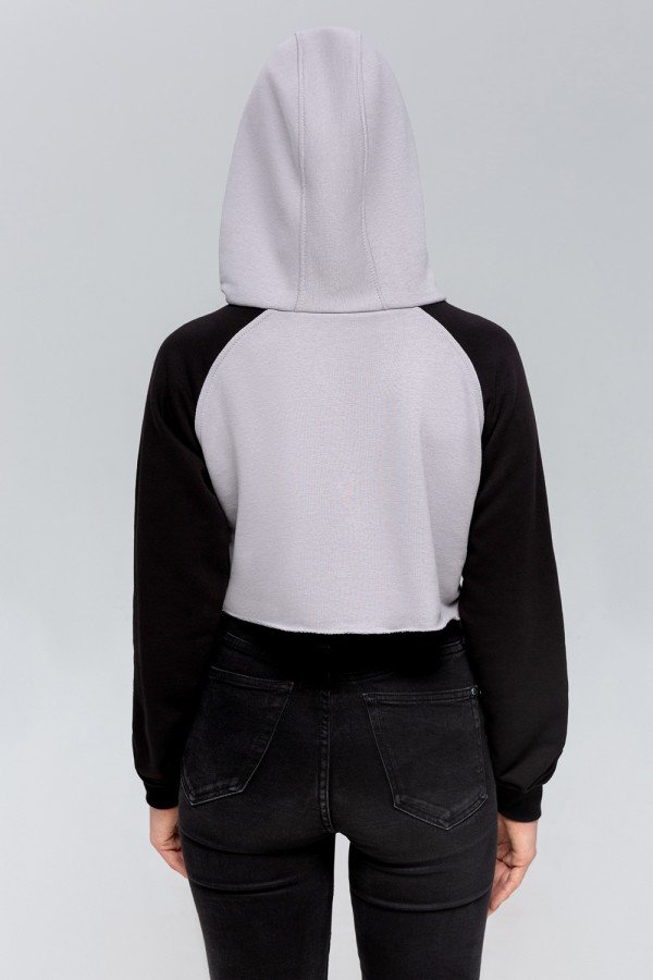  Cropped Hoodie "Gray-Black"  XL-46-48-Woman-(Женский)    Женская серая укороченная кроп толстовка с черным рукавом Crop-Top-Hoodie 