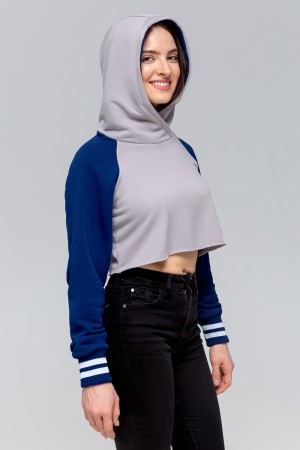 Женская серая укороченная кроп толстовка с синим рукавом Crop-Top-Hoodie