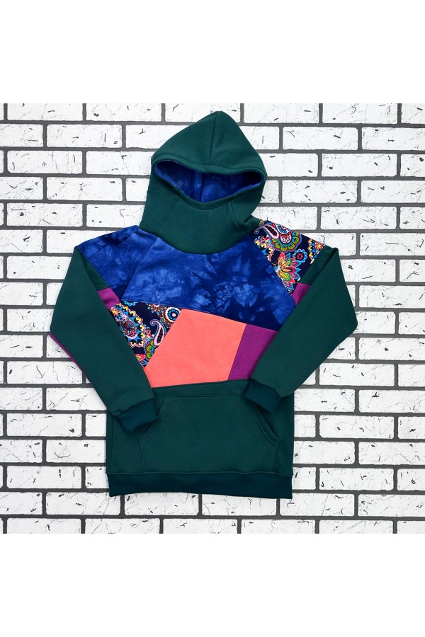  Snowboard woman hoodie green patchwork XS-38-40-Woman-(Женский)    Удлиненная худи сноубордическая женская зеленая в технике пэчворк 