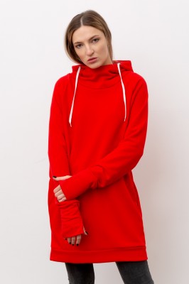 Удлиненное худи женские с капюшоном красного цвета - хорошее решение для зимы. Наши худи теплые и уютные, из плотного трикотажа с начесом.