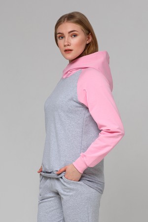 Женский летний лонгслив серый с розовым рукавом-реглан с капюшоном