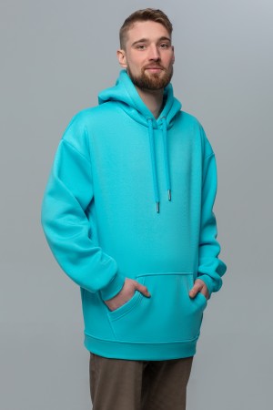 Худи оверсайз цвет аква (ярко-голубой) мужская утепленная